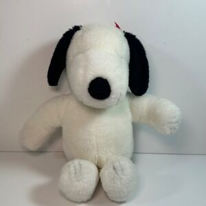 Vtg Peanuts Snoopy Plush Stuffed Animal Black Floppy Ears Red Ribbon Bow Toy